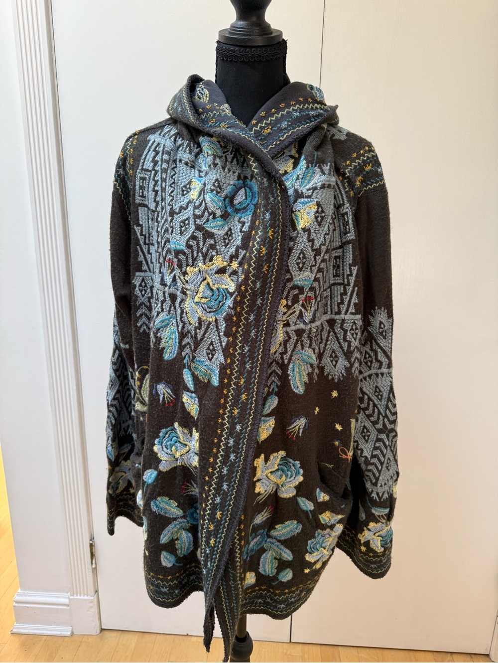 Johnny Was XL Embroidered Floral Hooded Open Front Cardigan